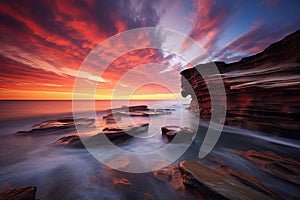 Beautiful seascape at sunset. Composition of nature. australian seascape at sunrise with rich in red color cloud formation, AI