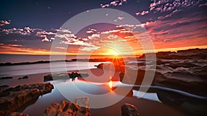 Beautiful seascape at sunset. Dramatic sky over the sea. australian seascape at sunrise with rich in red color cloud formation, AI