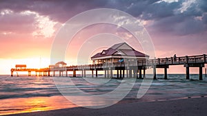 Beautiful seascape with sunset. Fishing pier. Summer vacations. Clearwater Beach Pier 60. Ocean or Gulf of Mexico. Florida paradis