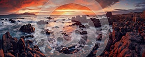 Beautiful seascape at sunset. Long exposure shot. Seascape with rocks and waves. Generative AI