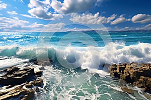 Beautiful seascape with waves and blue sky,  Nature composition