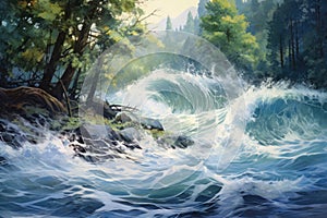 Beautiful seascape with waves and forest. Digital painting, Impressionism painting depicting a tidal wave and woodland colliding
