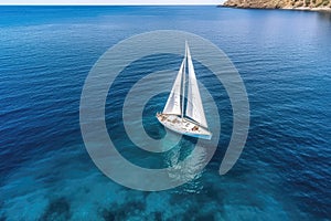 Beautiful Seascape With White Sailing Yacht On Sunny Summer Day, Drone View. Generative AI