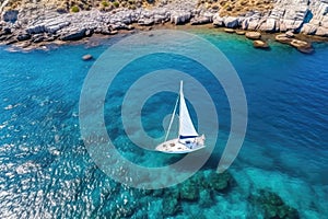 Beautiful Seascape With White Sailing Yacht On Sunny Summer Day, Drone View. Generative AI