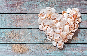 Beautiful seashell heart on rustic wood