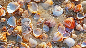 Beautiful seashells scattered on sandy beach with gentle ocean waves