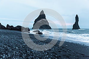 beautiful seashore with rocks and cliffs, vik dyrholaey, reynisfjara