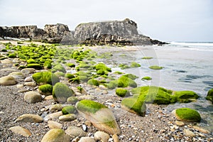 Beautiful seaside landscape on the Atlantic Ocean in France, sandy beach with stones