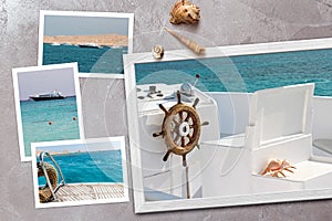 Beautiful seaside snapshots arranged on rustic wooden background with seashells around