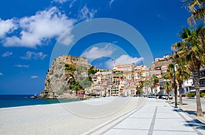 Scilla village, castle on rock and colorful houses, Calabria, Italy