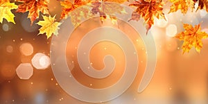 Beautiful seasonal abstract autumn background with copyspace and falling leaves. Generative AI