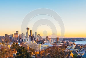 Beautiful Seattle city skyline on the sunset,Washington,usa.