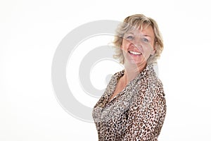 Beautiful senior blonde caucasian woman portrait blond smiling happy on white background