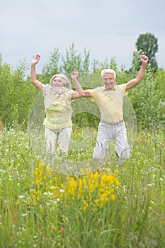 Beautiful senior couple jumping in the park