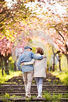 Beautiful senior couple in love outside in spring nature.