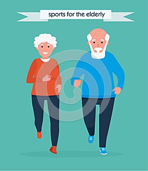 Beautiful senior couple running outside. Active sport concept set. Cartoon flat style illustration isolated