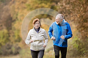 Beautiful senior couple running outside in sunny autumn forest