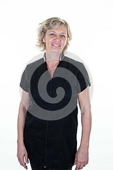 Beautiful senior woman bonde black blouse smiling on isolated white background photo
