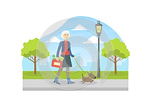Beautiful Senior Woman Walking with Her Dog, Elderly People Active Lifestyle Vector Illustration