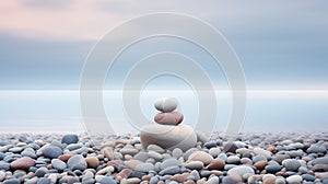 Beautiful serene beach with smooth pebbles and a stone stack. Pebble cairn. Calm misty ocean. Generative AI