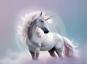 Beautiful Serene Unicorn in a Dreamy Mist with Shimmering Aura photo
