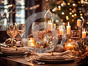 Beautiful served table with decorations and candles. Christmas dinner setting in a cozy dining room. Winter holidays and