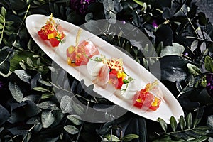 Beautiful Serving White Restaurant Plate of Tuna Fillet, Parmesan Cheese and Tomato Water Jelly Top View