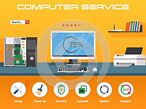 Beautiful set of colorful flat vector banner on the theme: repair a desktop computer, upgrade computer and update.