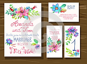 Beautiful set of invitation cards with watercolor flowers elemen