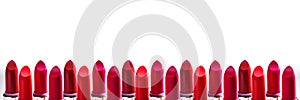 Beautiful set of lipsticks on white background. Beauty cosmetic collection. Fashion trends in cosmetics with bright lips