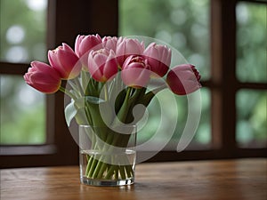 A beautiful set of pink tulips arranged as a bouquet in a transparent vase.