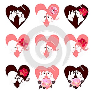 Beautiful set of portraits with loving couples in shapes of heart. Collection of Valentine cards. Vector illustration