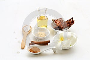 Beautiful set of spa composition with Thai herb and oil on white background