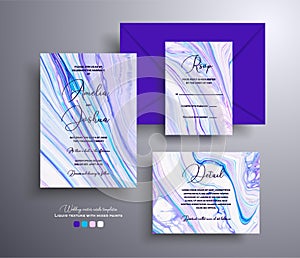 Beautiful set of wedding invitations with stone pattern. Agate vector cards with marble effect and swirling paints, blue