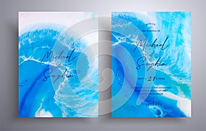 Beautiful set of wedding invitations with stone texture. Agate vector cards with marble effect and swirling paints, blue