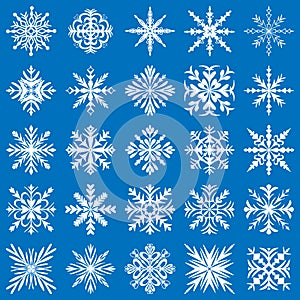 Beautiful set white snowflakes on a blue background for winter design