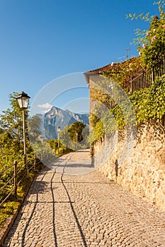 Beautiful sett road on the side of the Nonberg hill in Salzburg, Austria