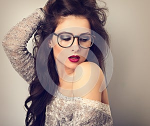 Beautiful bright red lips makeup woman in fashion glasses l
