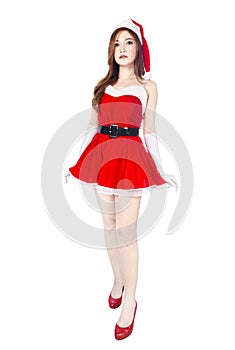 Beautiful girl wearing santa claus clothes isolated on whit