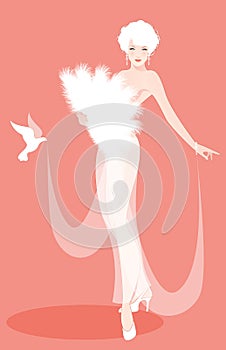 Beautiful and sexy lady dressed in the retro Burlesque style, wearing a fan of feathers and transparencies, accompanied by a dove
