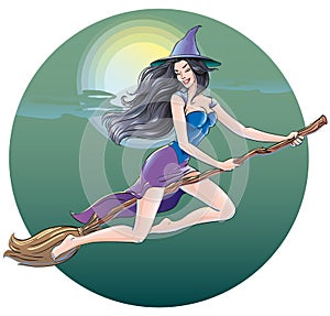 Beautiful witch flying in the Halloween night on a broom through the night sky on the background of the moon and clouds