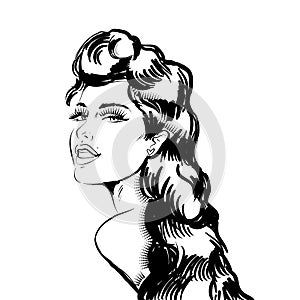 Beautiful sexy woman looks back. Illustration in engraving style. Monochrome image.
