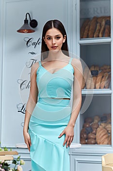 Beautiful sexy woman wear fashion summer collection clothes casual style blue cotton dress slim body pretty face model pose