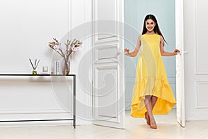 Beautiful sexy woman wear fashion summer collection clothes casual style party office skinny yellow dress code pretty model