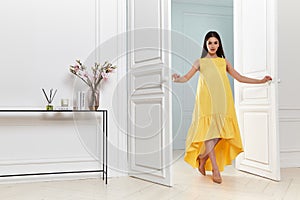 Beautiful sexy woman wear fashion summer collection clothes casual style party office skinny yellow dress code pretty model