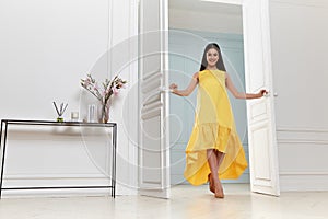 Beautiful sexy woman wear fashion summer collection clothes casual style party office skinny yellow dress code pretty model