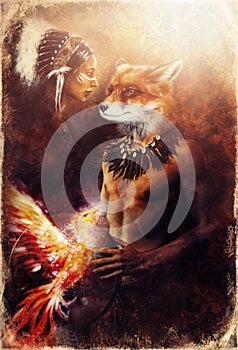 Beautiful shamanic fox man and indian woman with headband and phoenix.