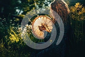 beautiful shamanic girl playing on shaman frame drum in the nature.