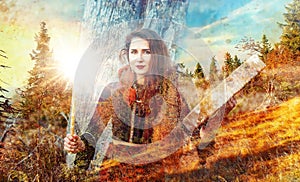 Beautiful shamanic girl playing on shaman frame drum in the nature. Computer collage and painting effect.