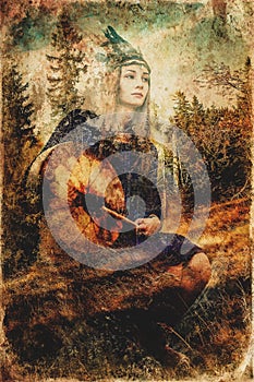 Beautiful shamanic girl playing on shaman frame drum in the nature. Computer collage and painting effect.